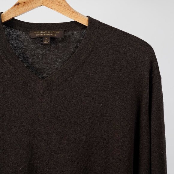Sebastian Cooper Cashmere Cotton Blend V Neck Sweater, Chocolate Brown, Size M - Picture 2 of 5
